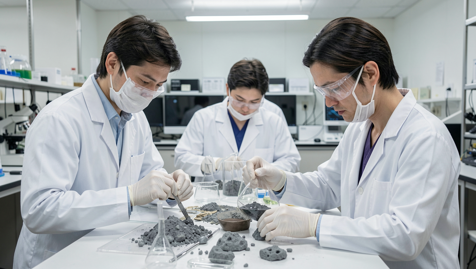 Scientists analyzing lunar samples in a lab with natural lighting and sharp focus.