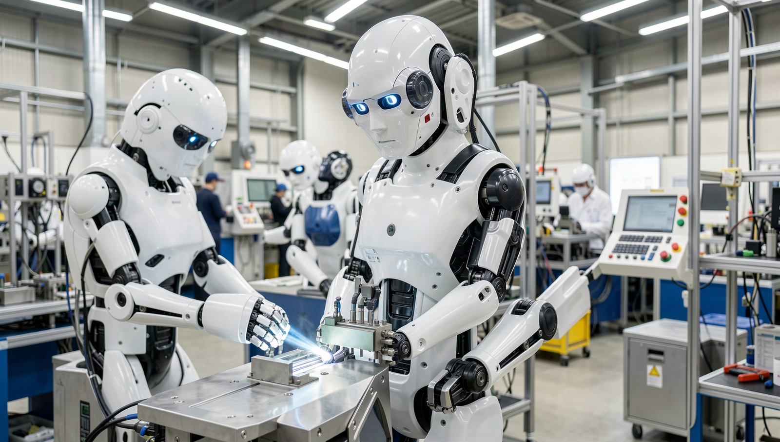 Close-up of AI robots operating in a factory with natural lighting and sharp focus.