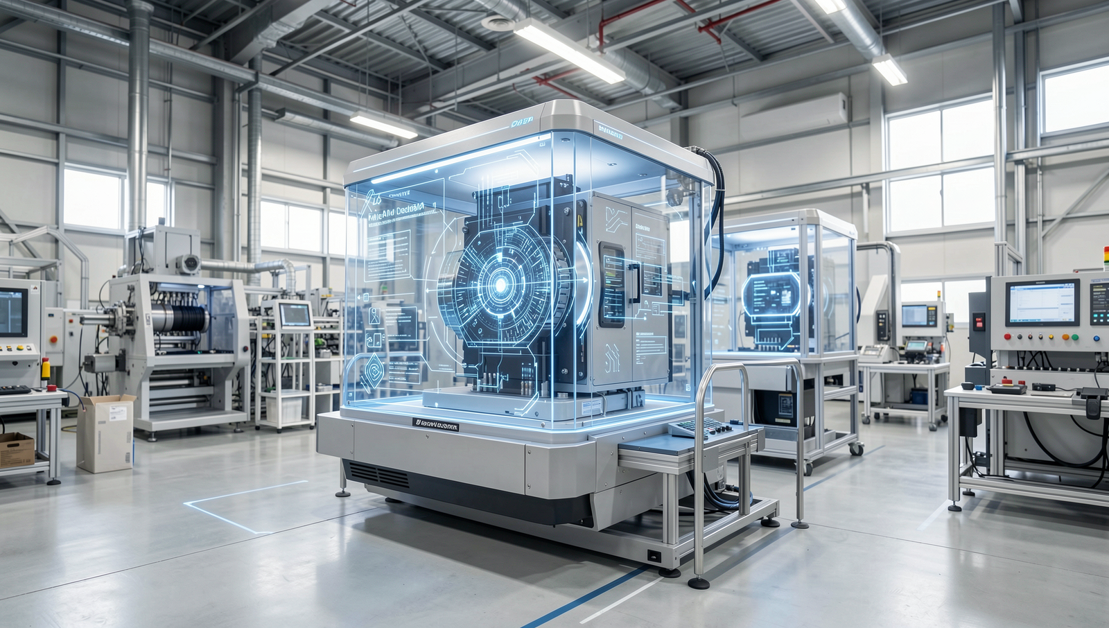 Futuristic AI concept in a Japanese manufacturing factory with advanced technology.