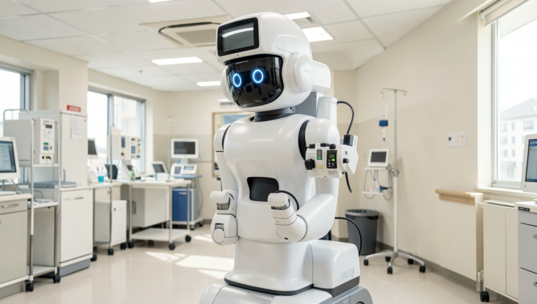 Photorealistic image of medical robots in a Japanese hospital setting.