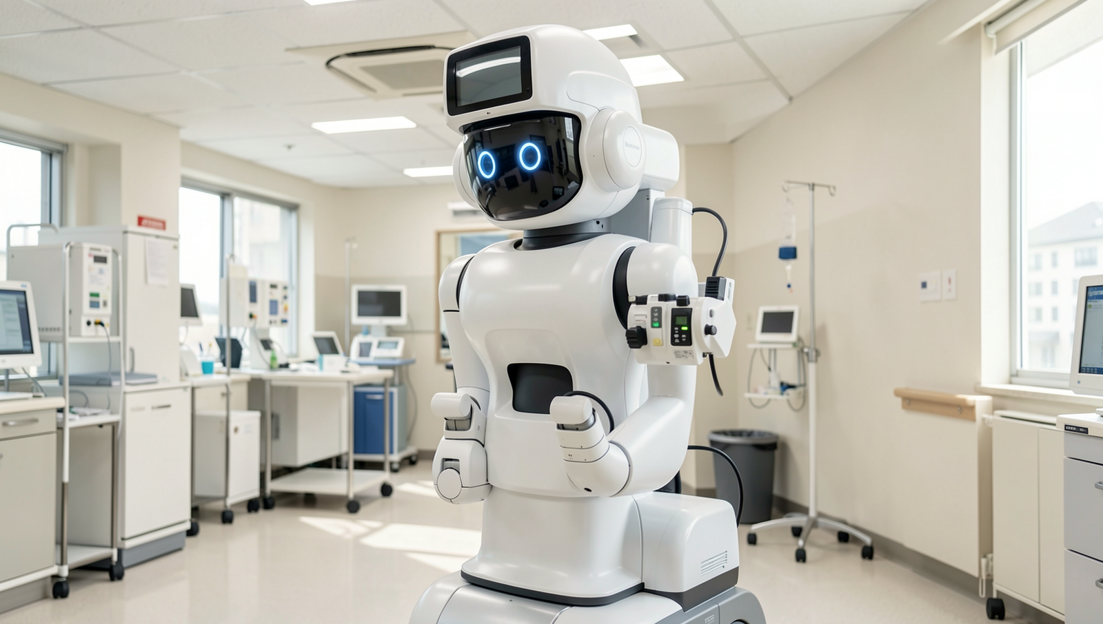 Photorealistic image of medical robots in a Japanese hospital setting.