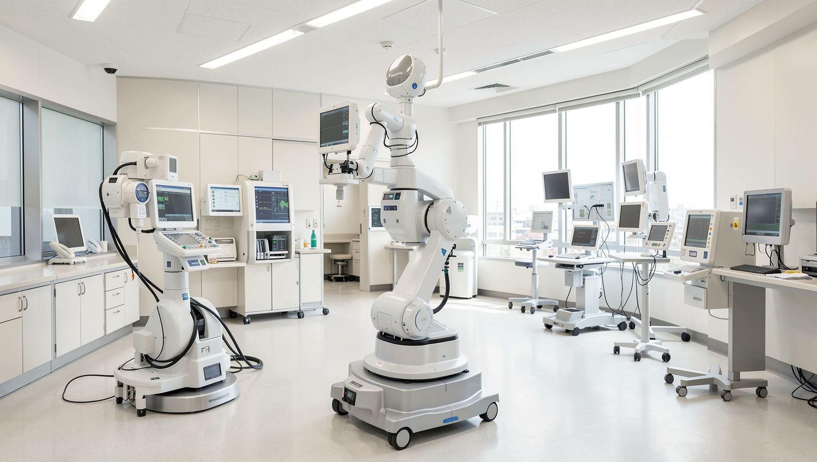 Modern hospital interior showcasing advanced robotic systems in use.