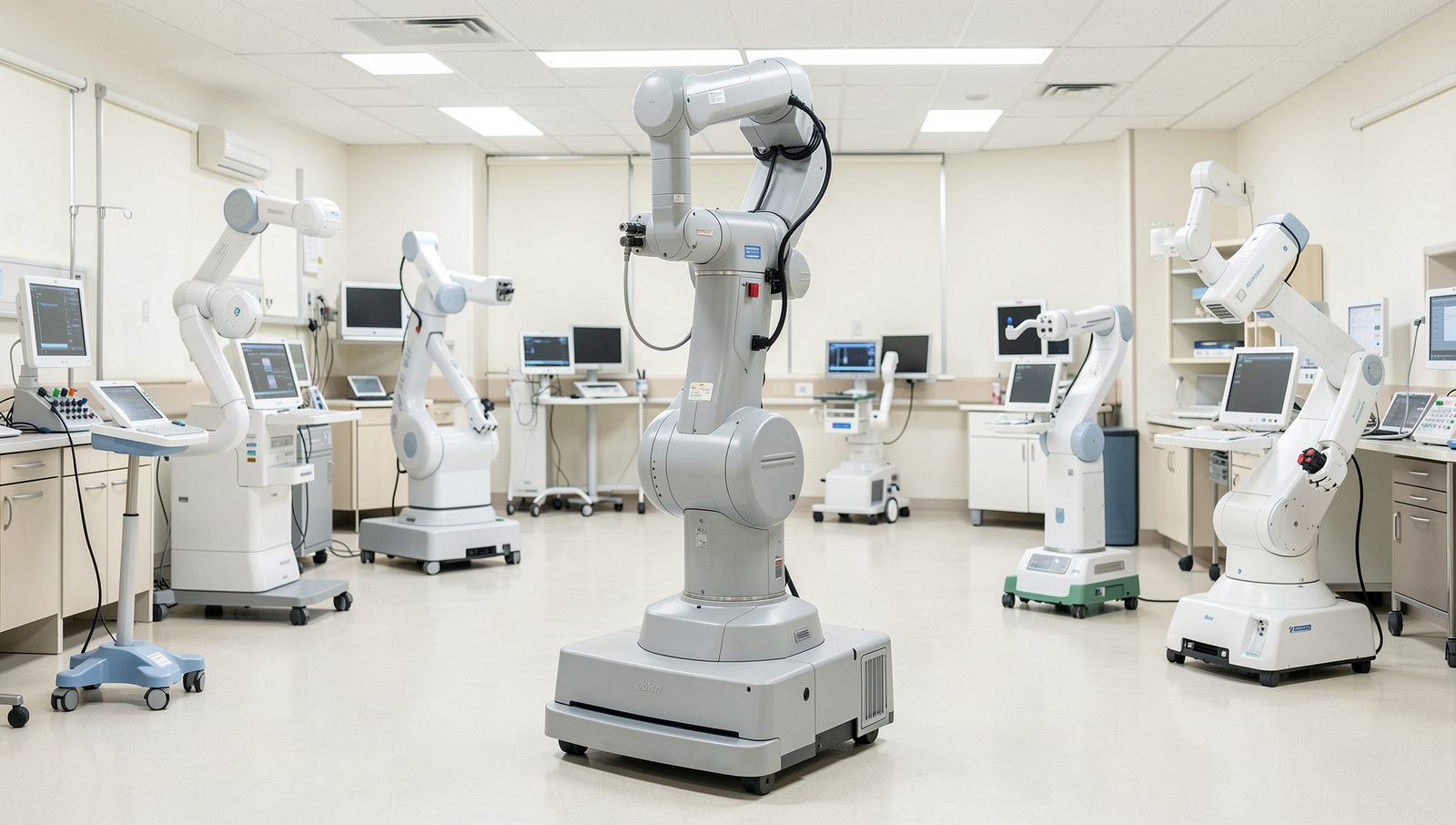 Various medical robots in a hospital setting showcasing advanced technology.