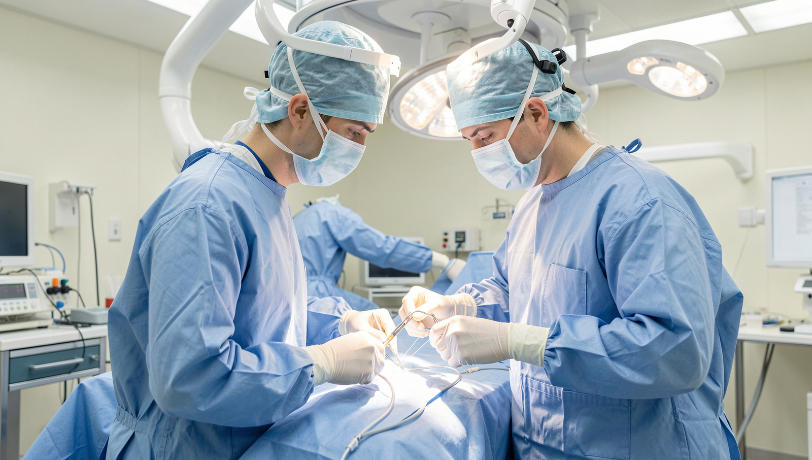 Surgeon operating a robotic surgical system in a modern hospital setting.