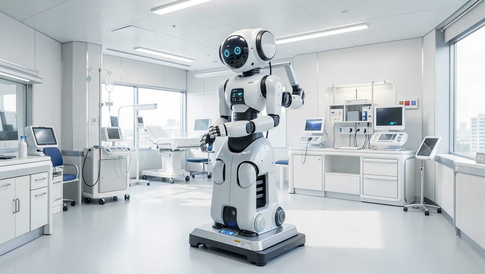 Futuristic hospital showcasing advanced robotic technology in a realistic setting.