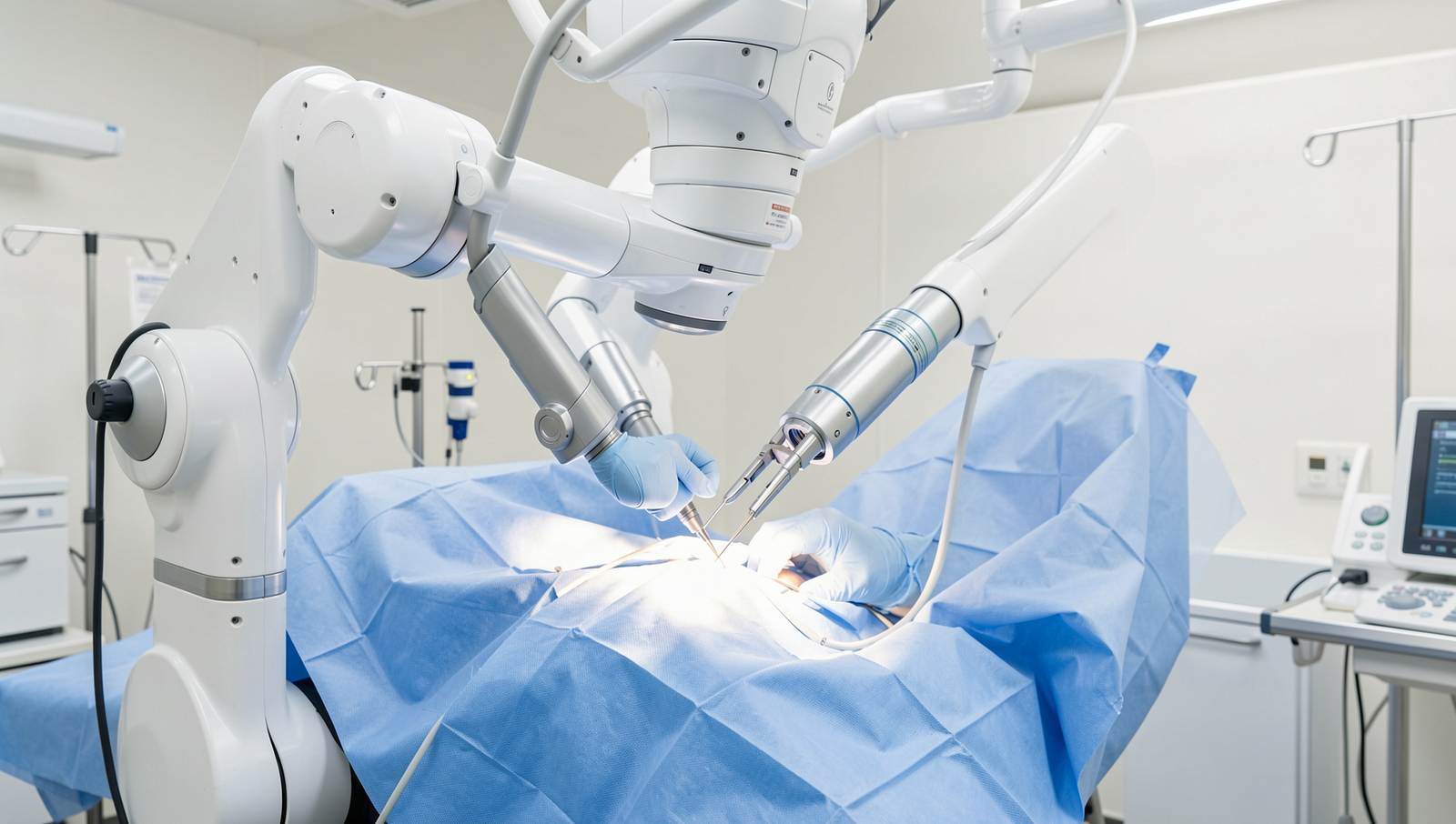 Surgical robot assisting in a precise operation in a modern hospital setting.