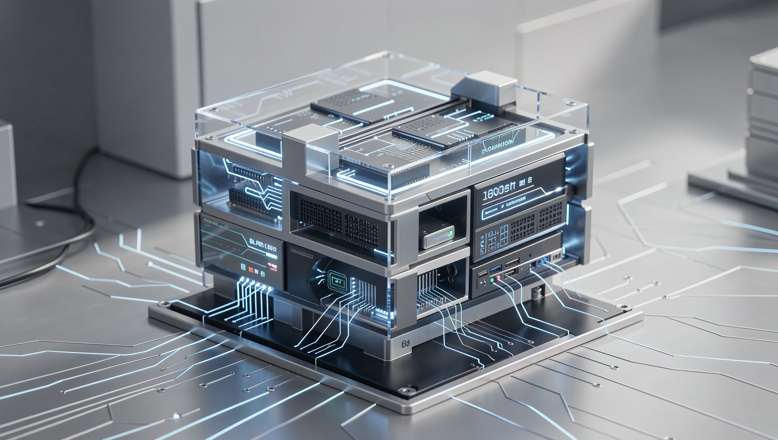 Futuristic quantum computing technology representation with realistic details.