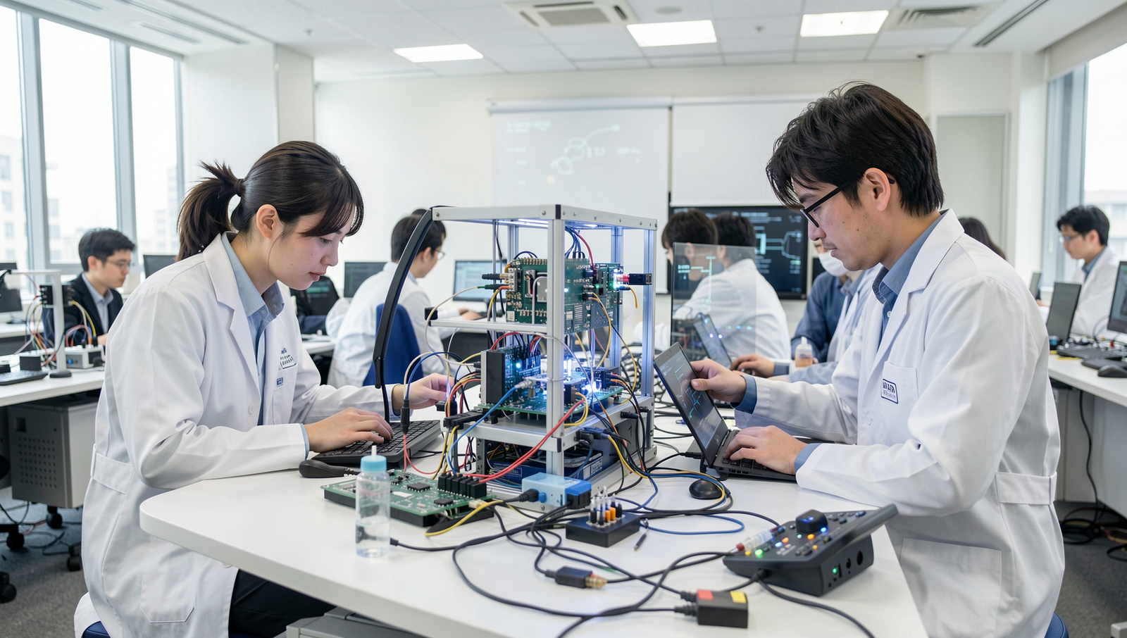 Researchers collaborating on quantum computing in a modern academic lab in Japan.