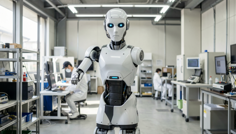 Realistic scene of human-like robots working in a Japanese environment.