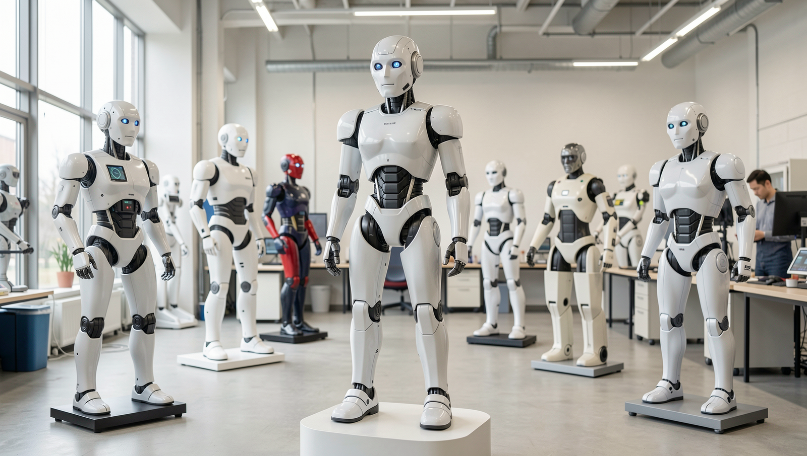 A variety of human-like robots showcased in diverse environments in Japan.