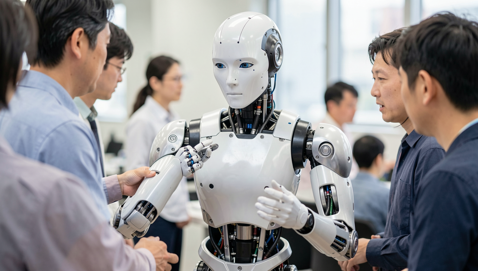 Close-up of a humanoid robot engaging with humans in a realistic setting.