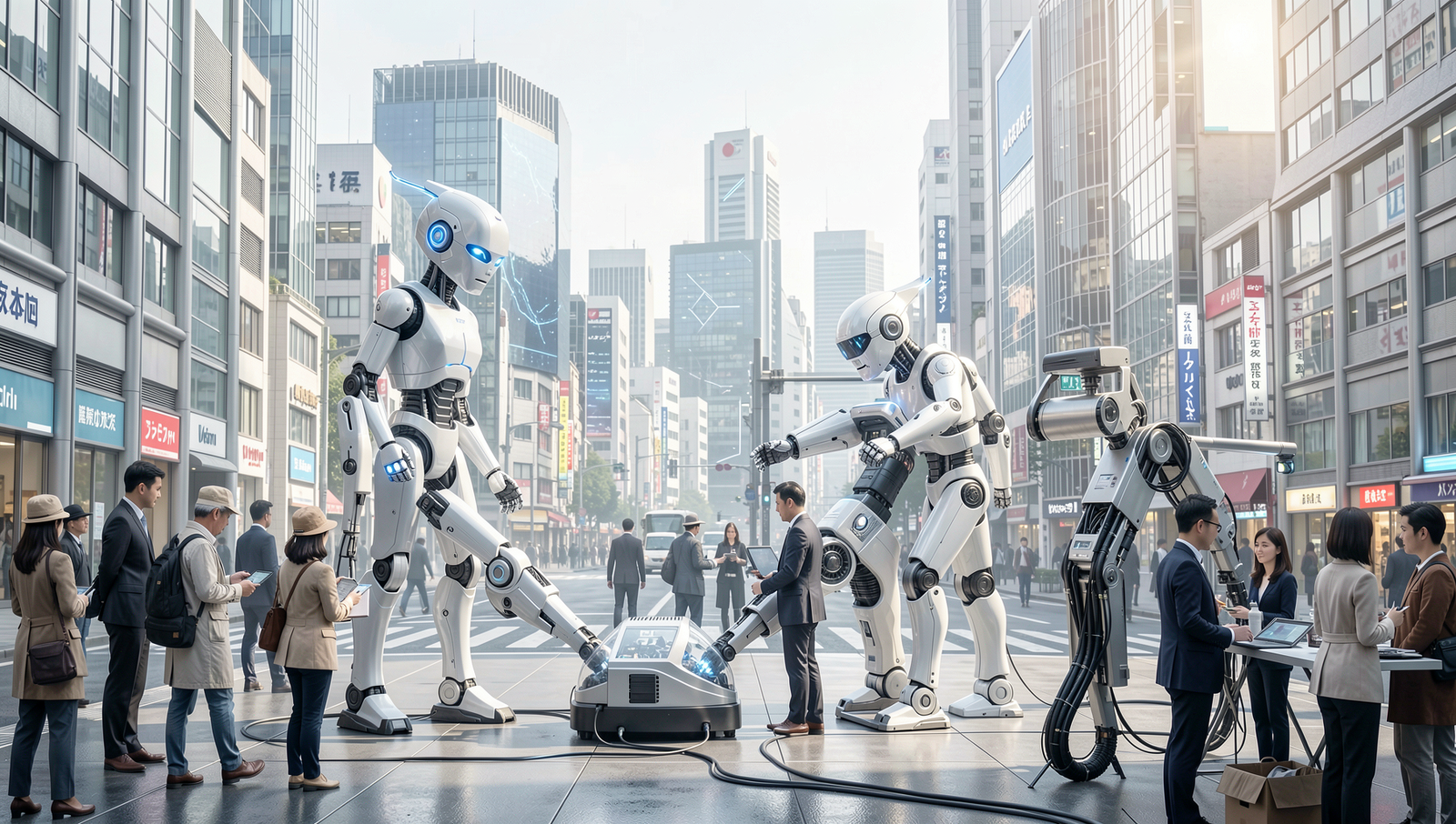 Futuristic cityscape with robots and humans collaborating in a vibrant urban setting.