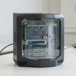 Photorealistic image showcasing Japan's innovative tech products in a global market setting.