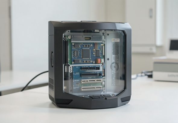 Photorealistic image showcasing Japan's innovative tech products in a global market setting.