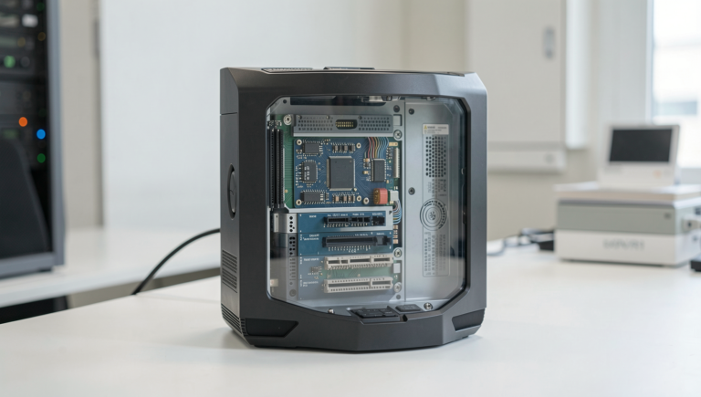 Photorealistic image showcasing Japan's innovative tech products in a global market setting.