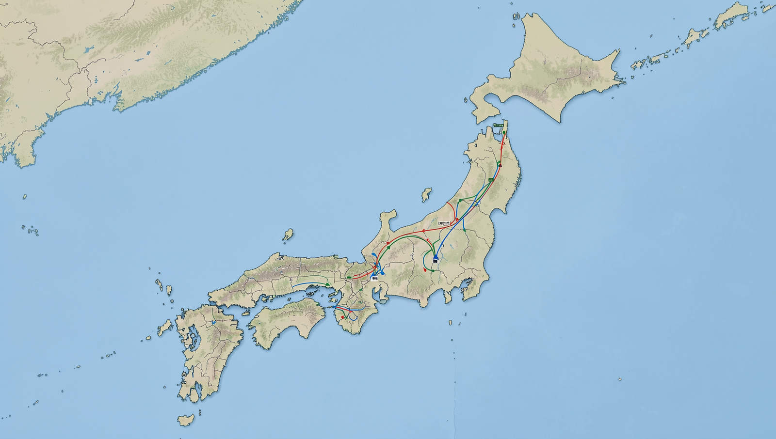 Map illustrating Japan's tech export routes with detailed geographical features.