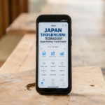 A scenic view of Japan showcasing travel apps in use by tourists.
