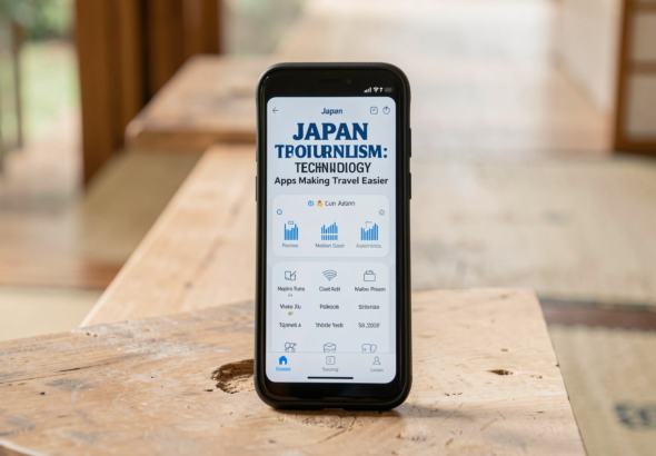 A scenic view of Japan showcasing travel apps in use by tourists.