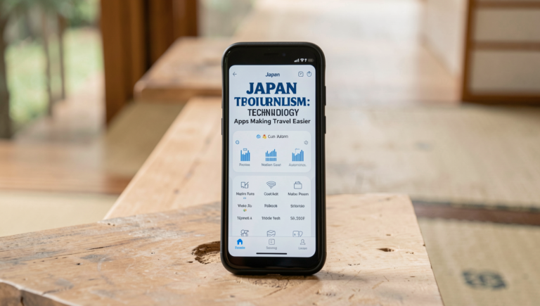 A scenic view of Japan showcasing travel apps in use by tourists.