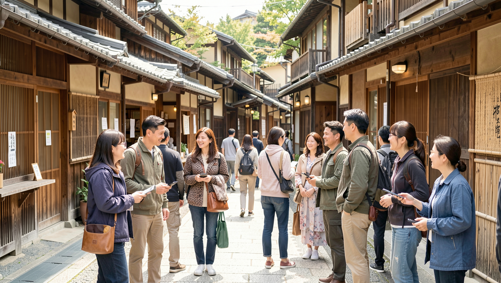 Tourists engaging with locals in a vibrant Japanese market, showcasing cultural exchange.