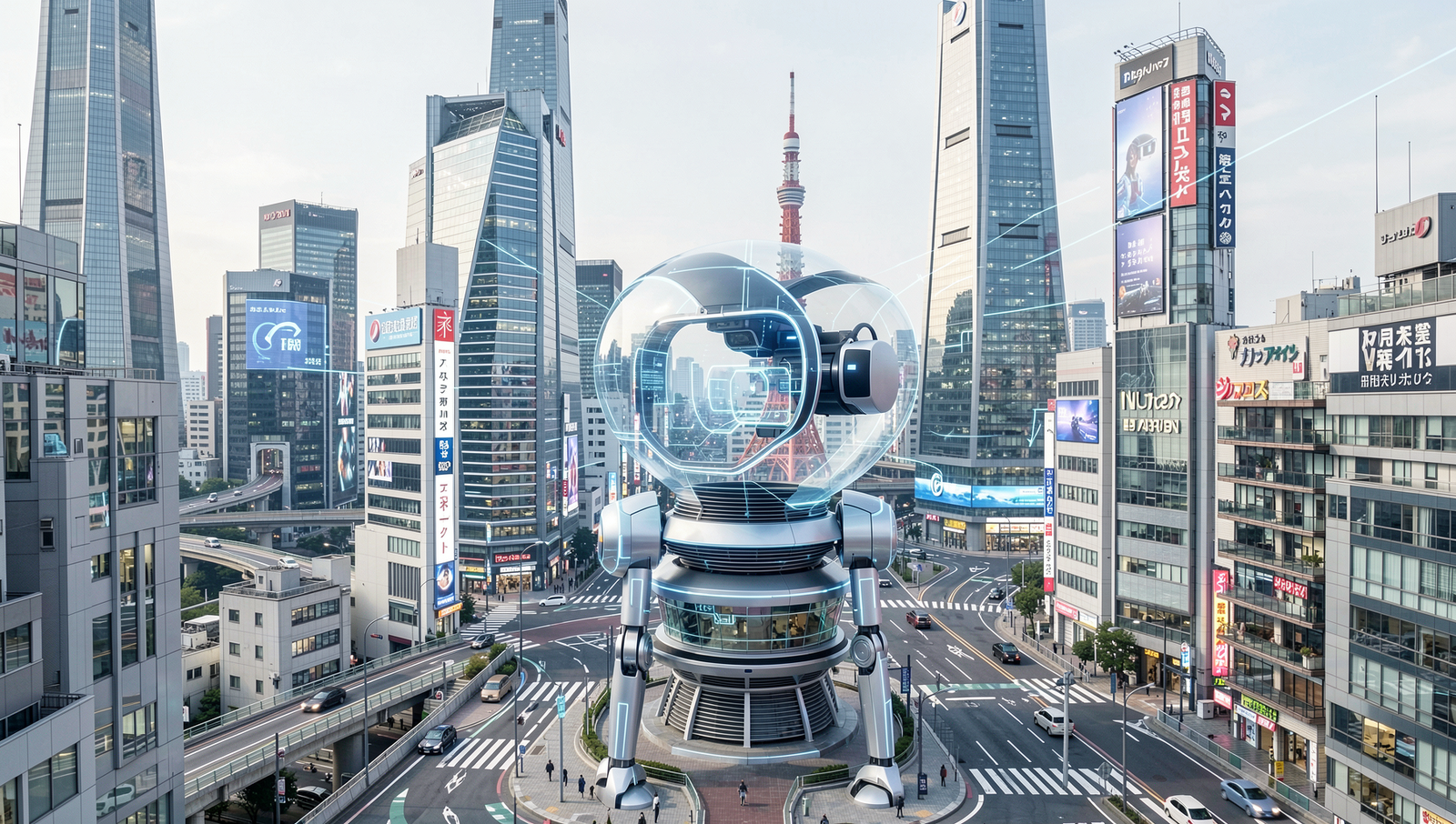 Futuristic cityscape of Japan featuring virtual reality elements in natural lighting.