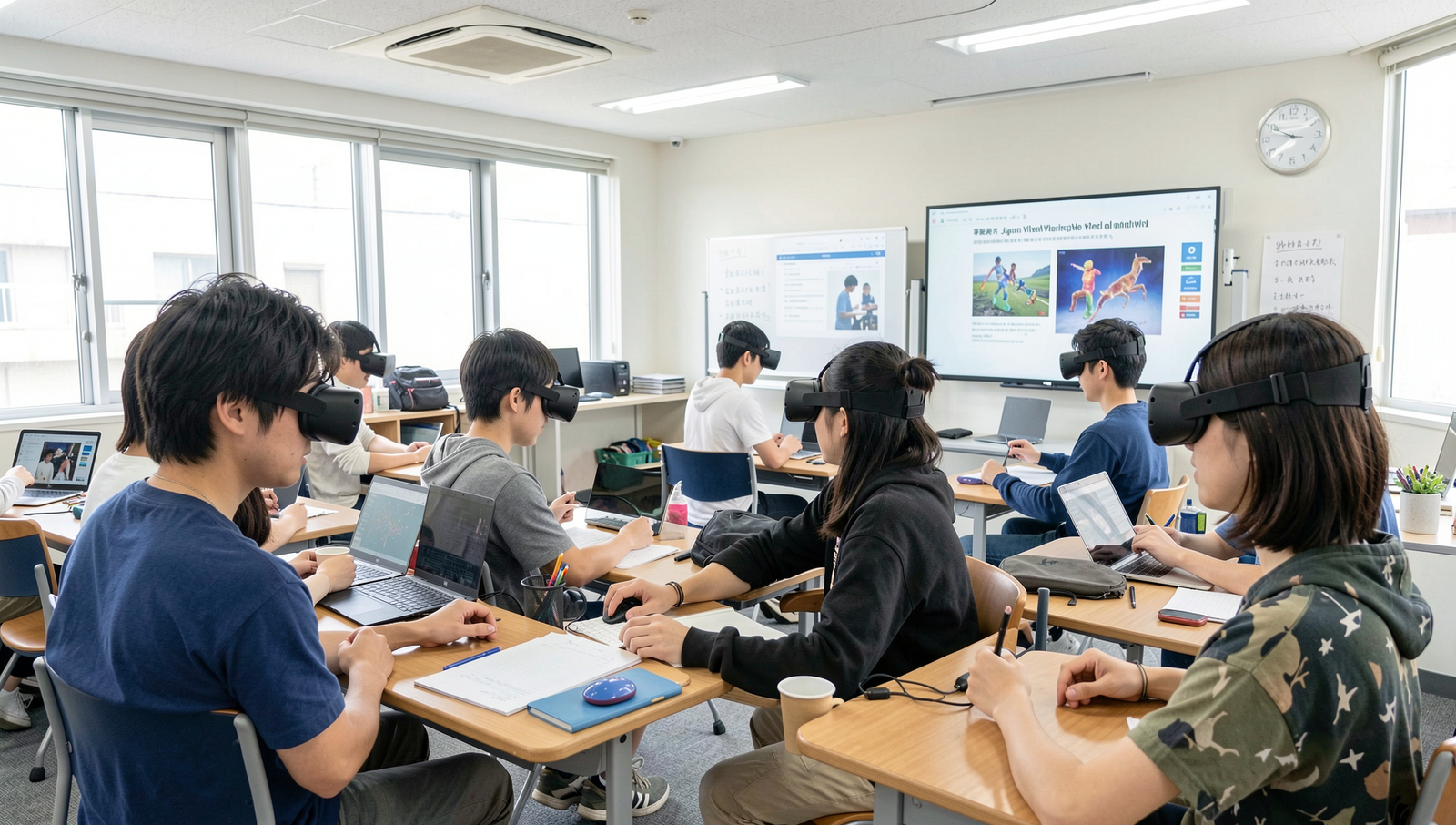 Students immersed in a virtual reality classroom, showcasing VR in education.