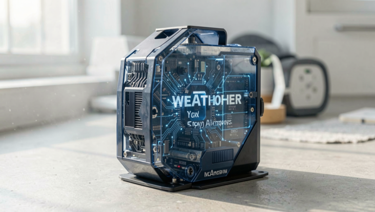 Photorealistic image showcasing advanced weather technology in Japan with AI elements.