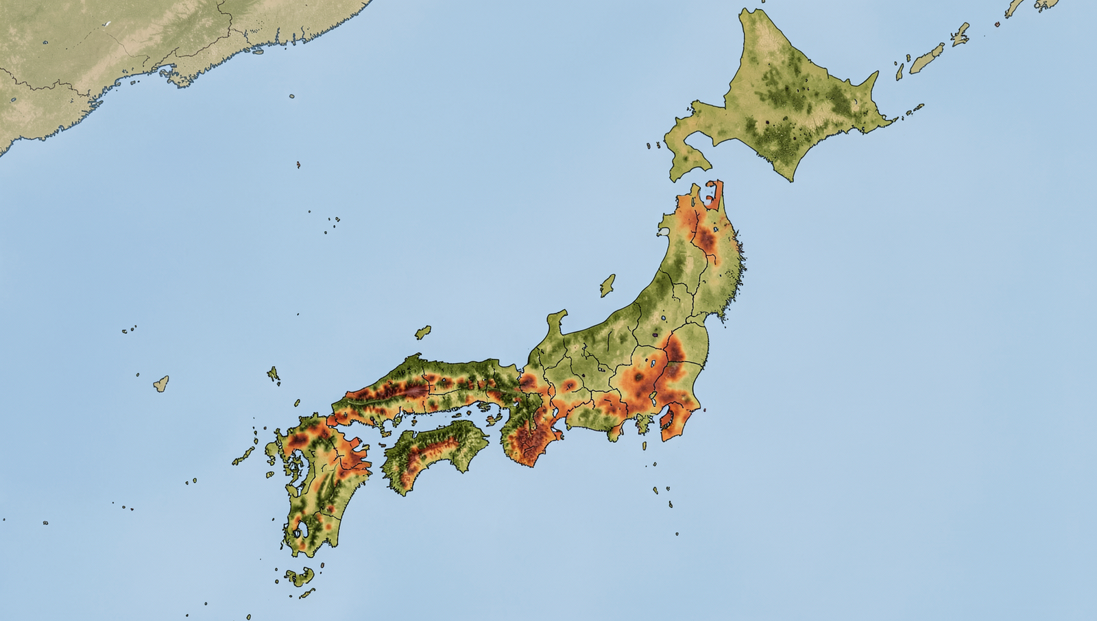 Detailed map of Japan showing disaster-prone areas with realistic lighting and focus.