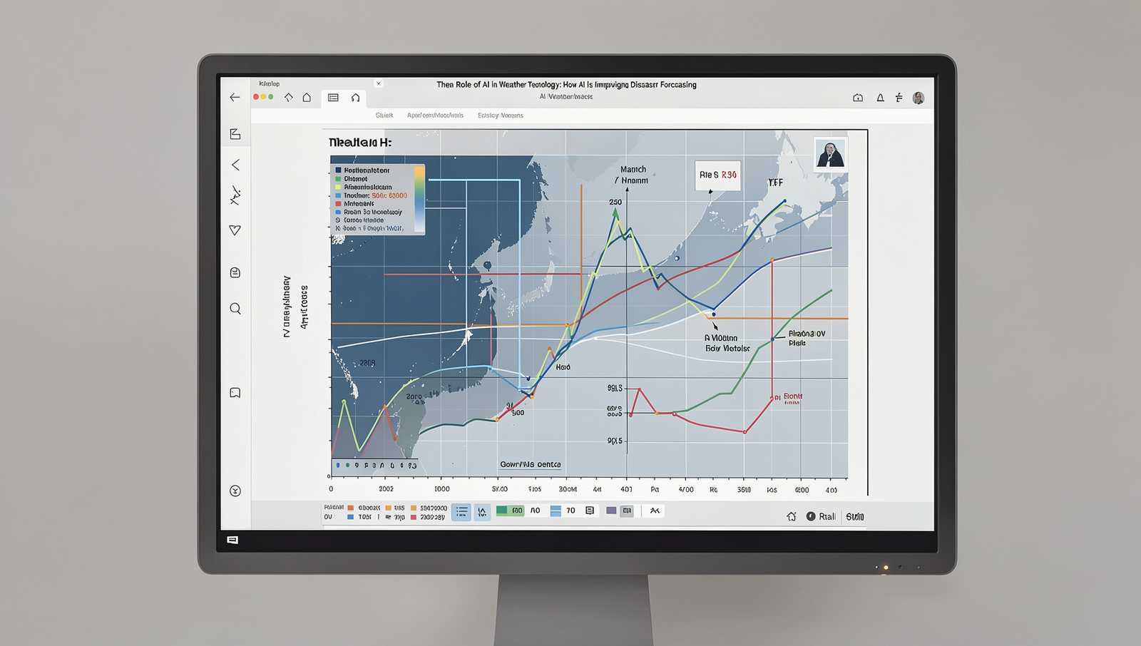 AI algorithms processing weather data with advanced technology in a realistic setting.