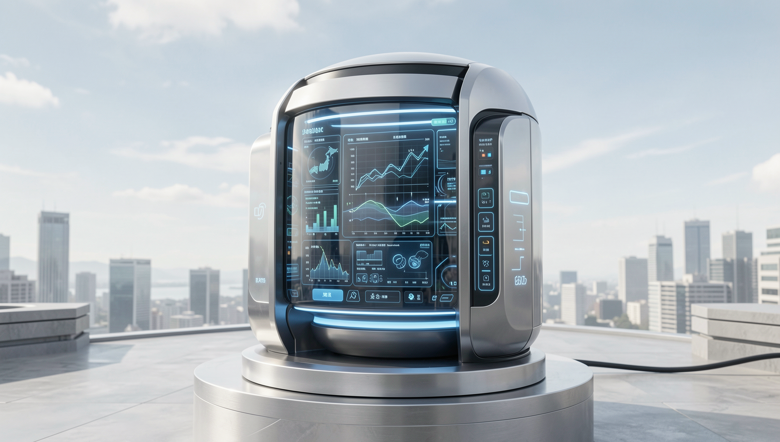 Futuristic weather technology in Japan showcasing AI advancements in disaster forecasting.