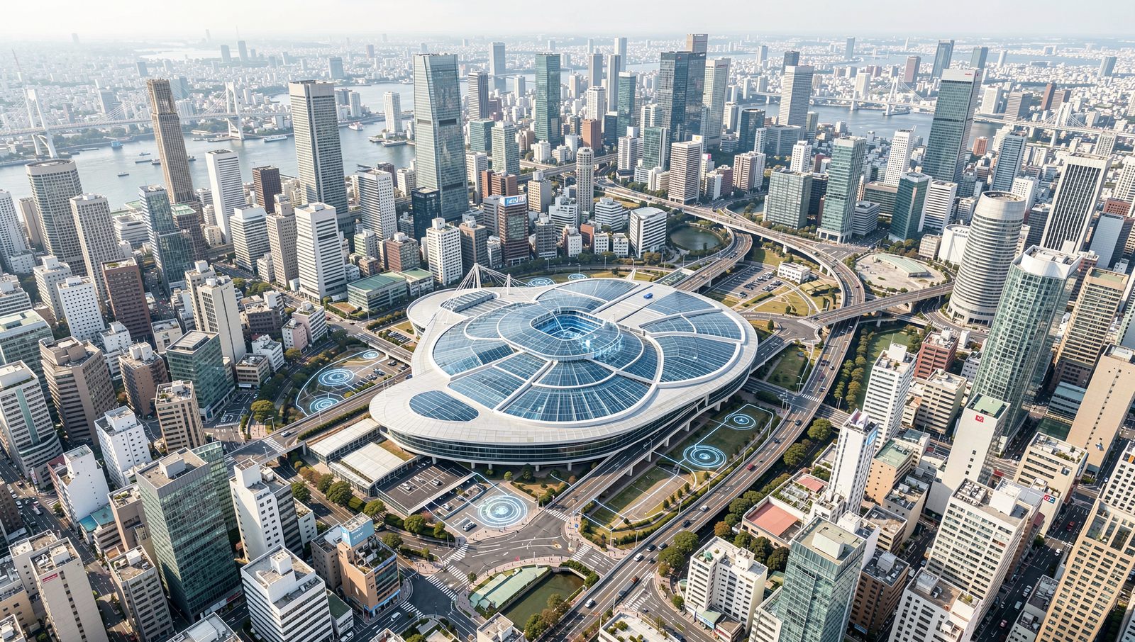 Aerial view of Tokyo highlighting advanced smart infrastructure and urban planning.