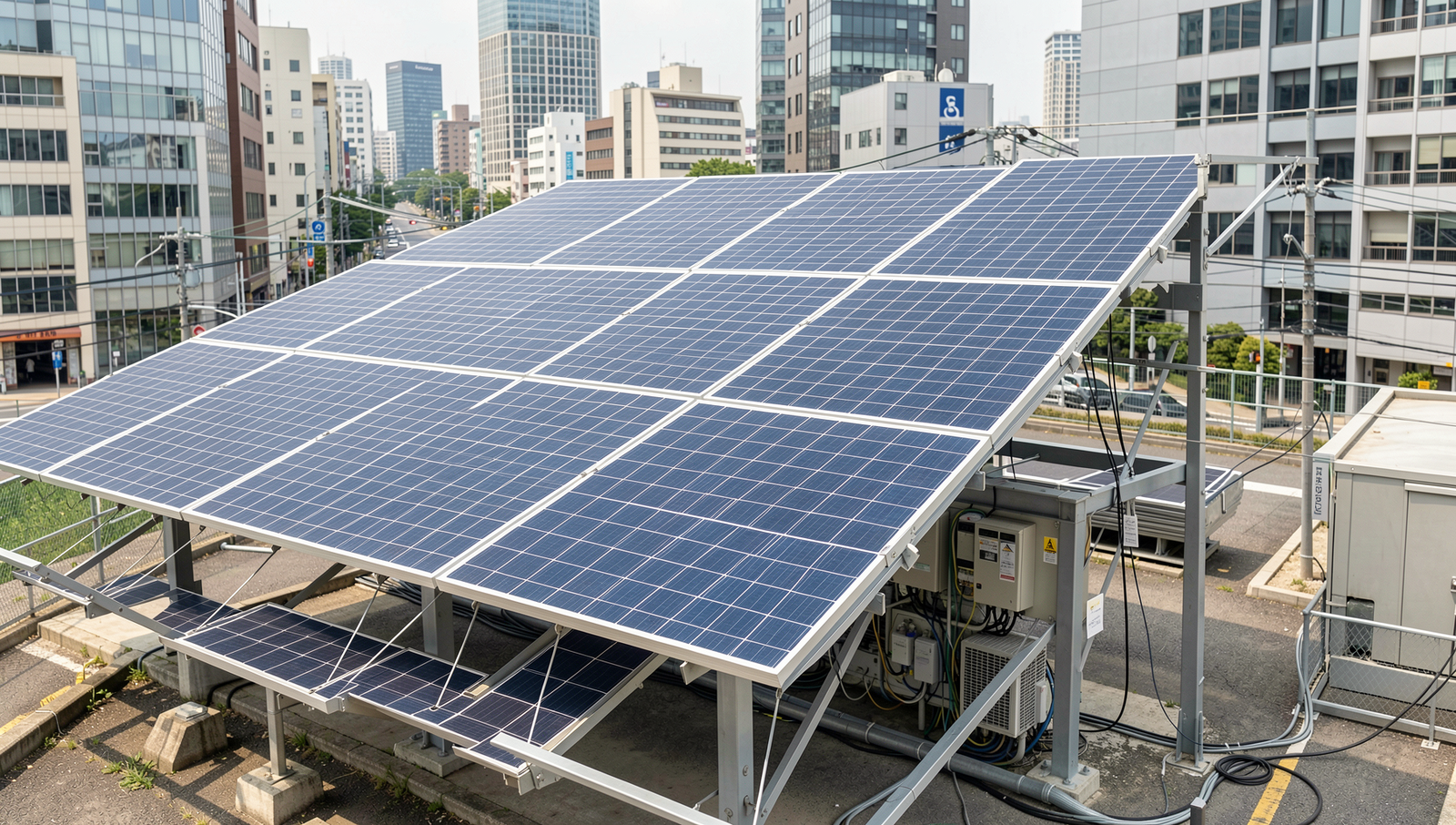 Solar panels integrated with smart grid technology in an urban Tokyo setting.