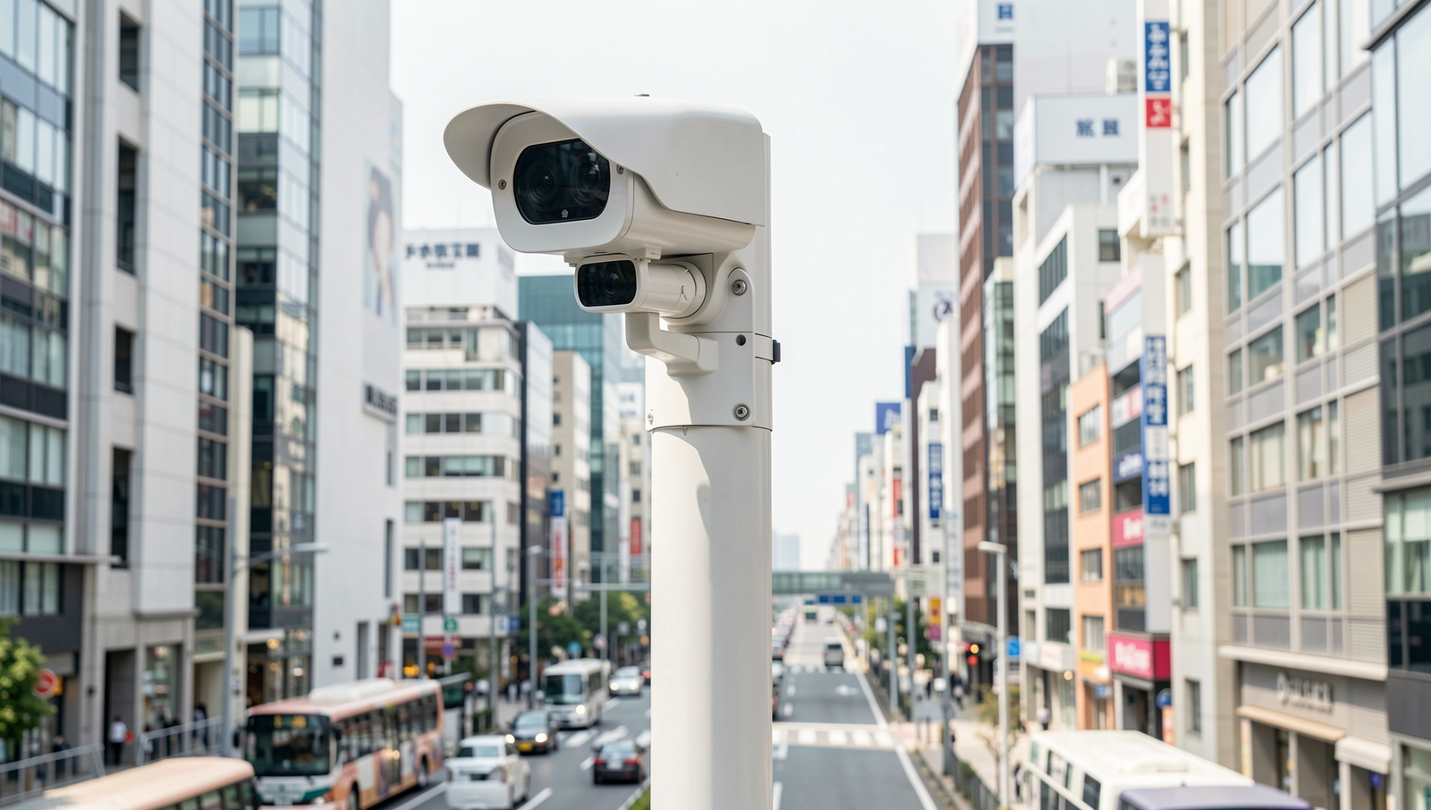 Smart surveillance system monitoring a busy Tokyo cityscape for public safety.